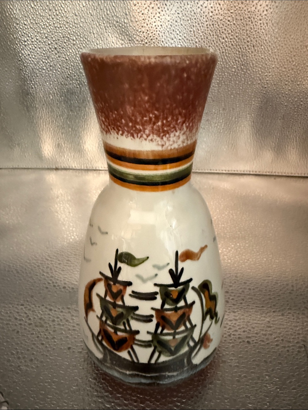 Vintage Greek Hand-Painted Ceramic Bud Vase in White with Brown & Green Accents